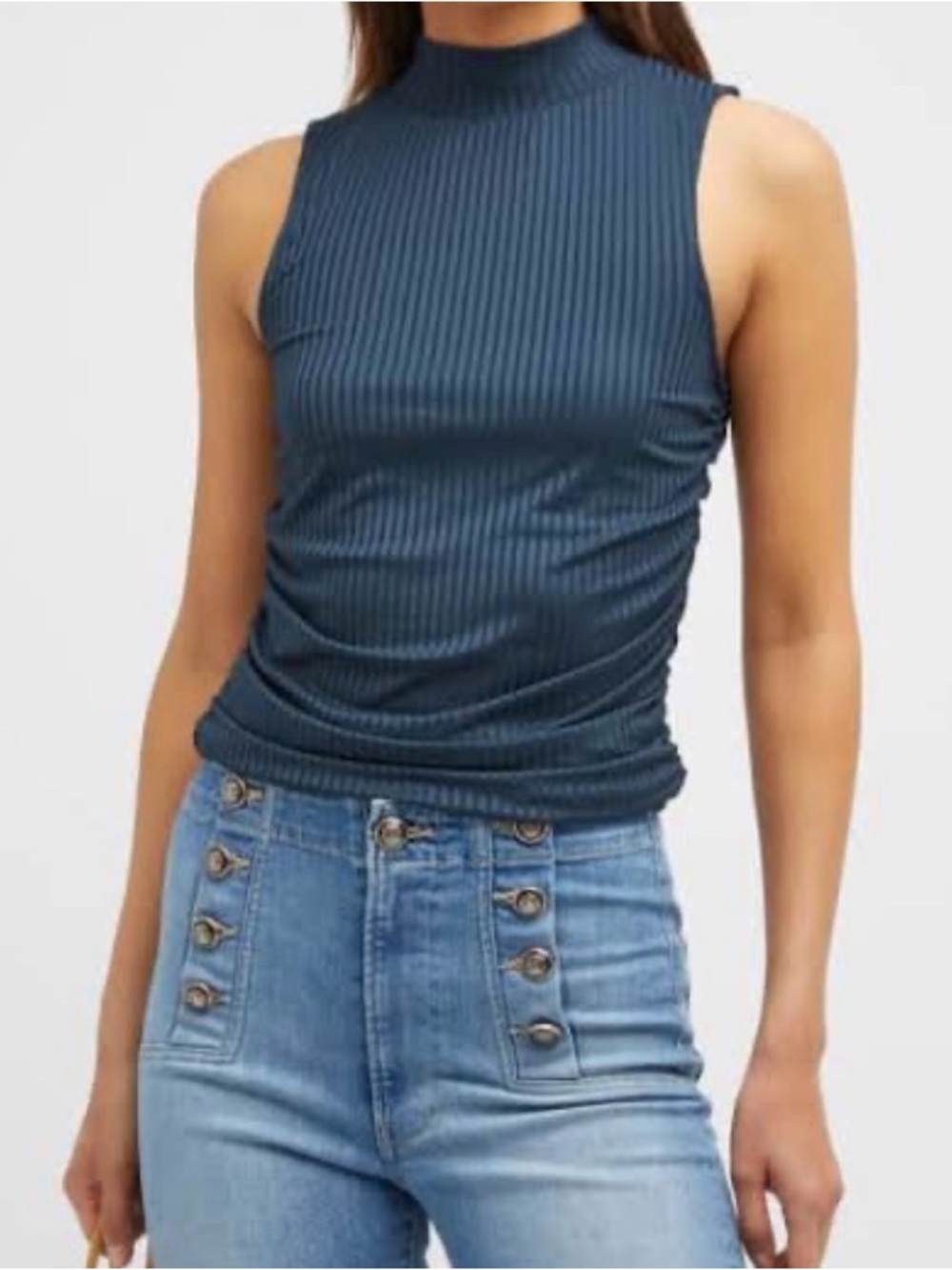 VERONICA BEARD Mobler Mock Neck Sleeveless Top XL Marine Ruched Sides Stretch